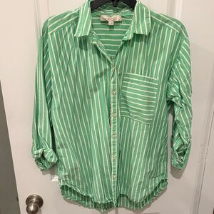 LOFT Green and White Striped Button Down Shirt